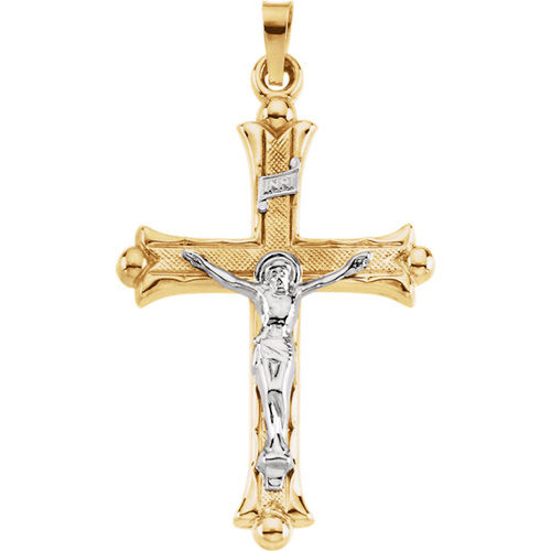 14kt Two Tone Gold 1 1/4in Hollow Budded Crucifix