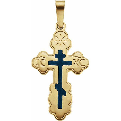 14kt Yellow Gold 3/4in Orthodox Cross with Blue Inlay