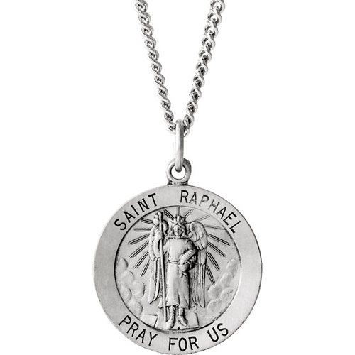 Sterling Silver 18mm St. Raphael Medal & 18in Chain