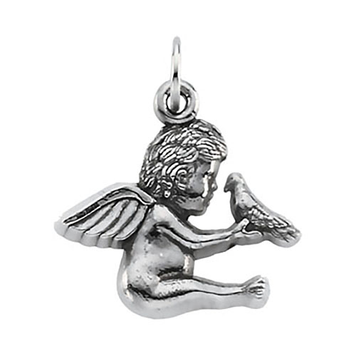 14kt White Gold Seated Angel with Dove Pendant 1/2in