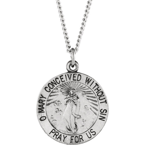 Sterling Silver 18mm Immaculate Conception Medal & 18in Chain