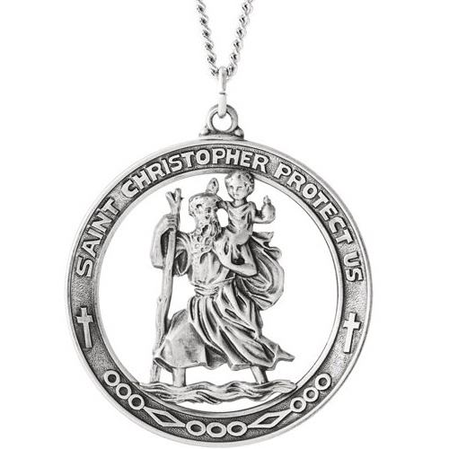 Sterling Silver 29mm Open St. Christopher Medal & 24in Chain
