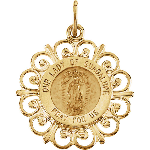 14kt Yellow Gold 3/4in Lady of Guadalupe Medal Scalloped Edges