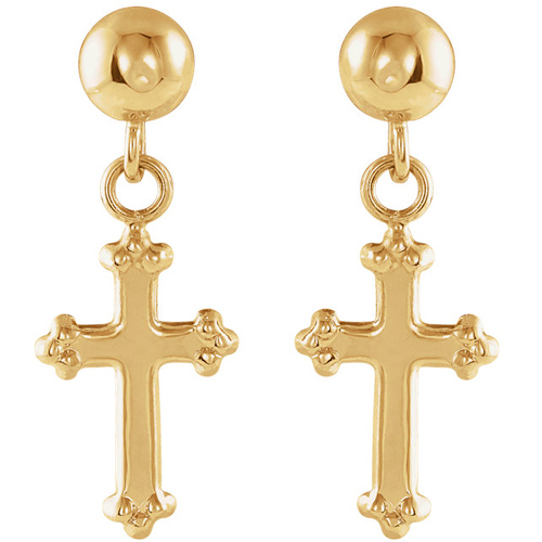 14kt Yellow Gold Petite Budded Cross Dangle Earrings