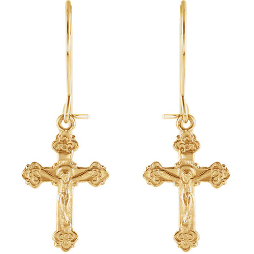 14k Yellow Gold Petite Crucifix Dangle Earrings