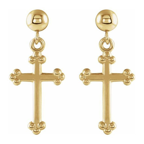 14k Yellow Gold Cross Dangle Earrings With Ball Accents 14x9mm