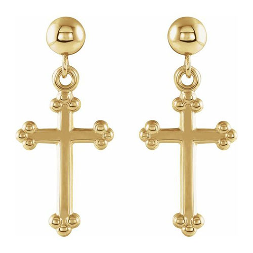 14k Yellow Gold Cross Dangle Earrings With Ball Accents 14x9mm