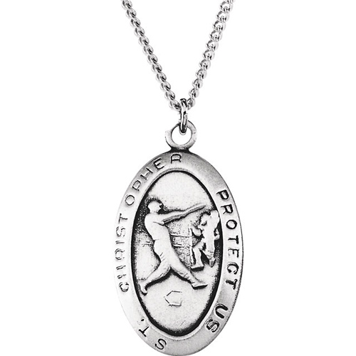 Sterling Silver St. Christopher Baseball Medal and 24in Chain
