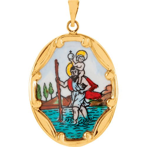 14k Gold St. Christopher Porcelain Medal 17x13.5mm