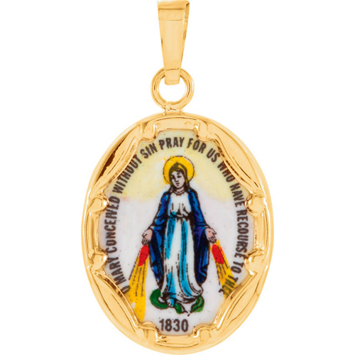 14kt Yellow Gold 17mm Porcelain Miraculous Medal