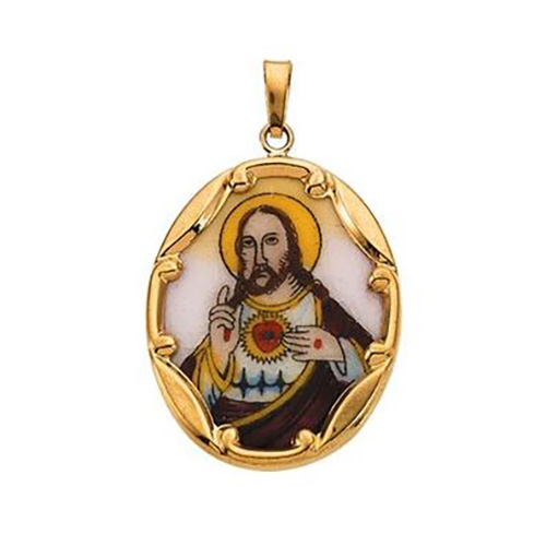 14k Gold Porcelain 1in Sacred Heart of Jesus Medal