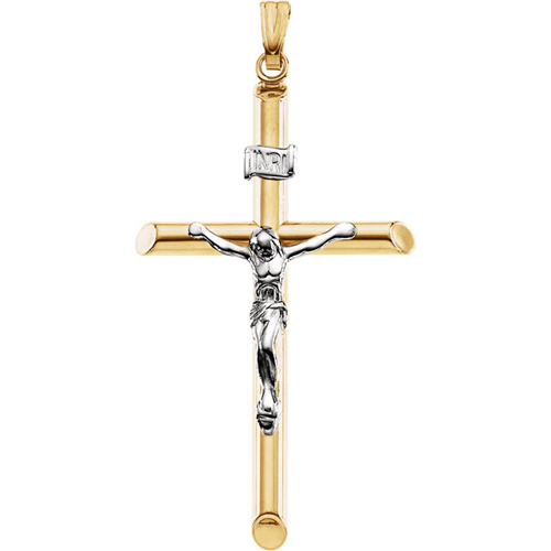 14kt Two-tone Gold 1 1/4in Hollow Beveled Crucifix