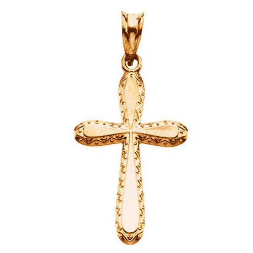 14k Yellow Gold Rounded Cross Pendant with Scroll Border 7/8in
