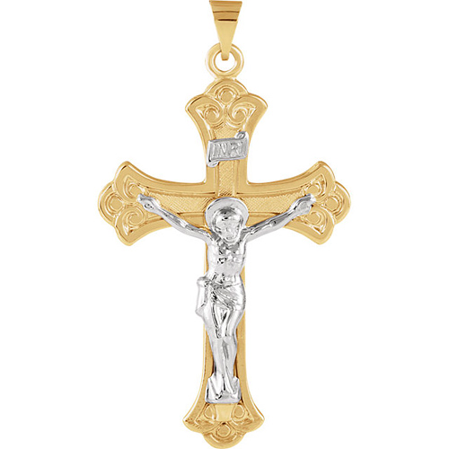 14kt Two Tone Gold 3/4in Budded INRI Crucifix 