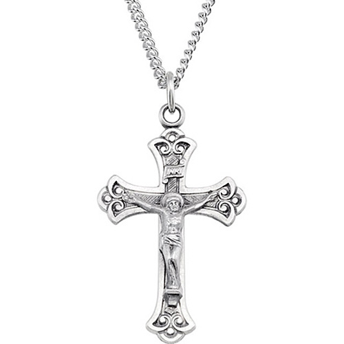 Sterling Silver 1 1/4in Budded Crucifix & 24in Chain