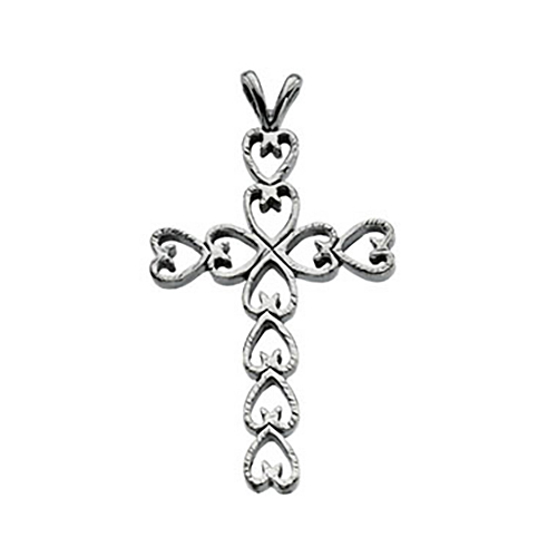14k White Gold 1 1/8in Cross with Interlocked Hearts