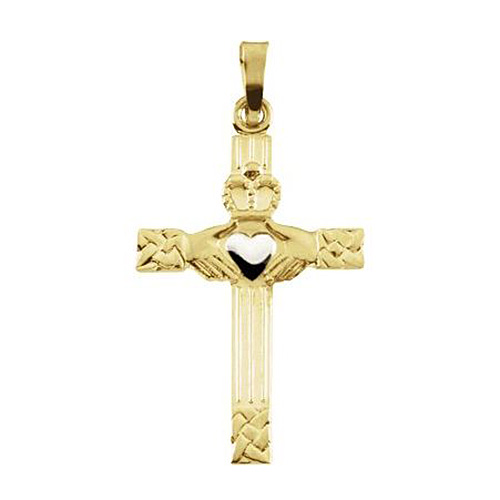 14kt Two Tone Gold 1in Textured Claddagh Cross