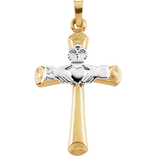 14kt Two Tone Gold 1in Hollow Claddagh Cross with Circles