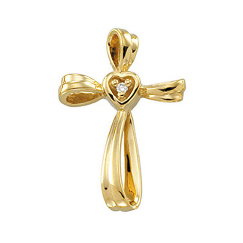 14k Yellow Gold .015 ct Diamond Cross with Heart Center 1in