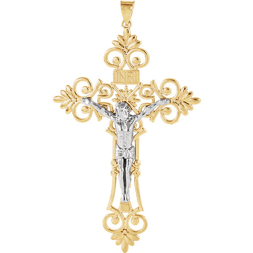 14kt Two-tone Gold Ornamental INRI Crucifix Pendant 2 1/2in