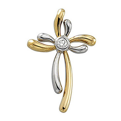14k Two-tone Gold 1/10 ct Diamond Cross with Curved Arms 1in