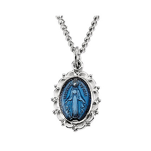 Sterling Silver 15mm Blue Miraculous Medal & 18in Chain