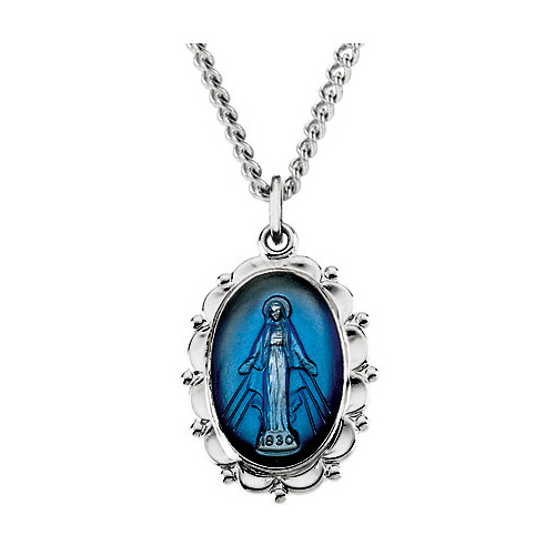Sterling Silver 21mm Blue Miraculous Medal & 18in Chain