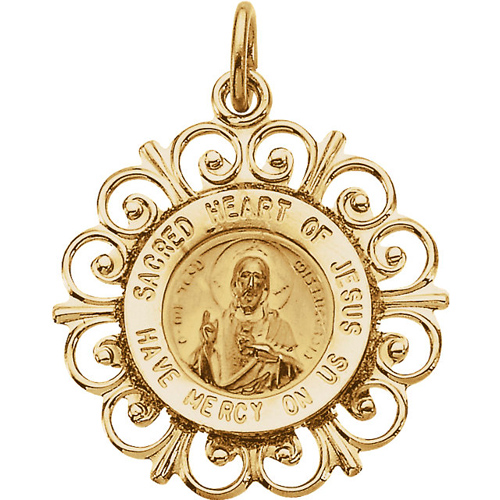 14kt Yellow Gold 3/4in Sacred Heart of Jesus Medal Scalloped Edges