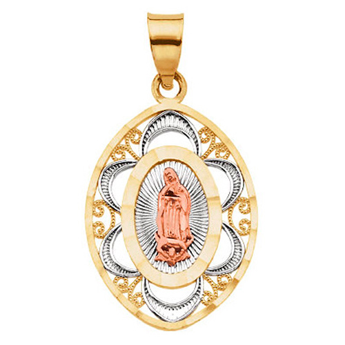 14k Tricolor Gold 7/8in Lady of Guadalupe Oval Medal