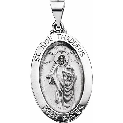 14kt White Gold 7/8in Hollow Oval St. Jude Medal