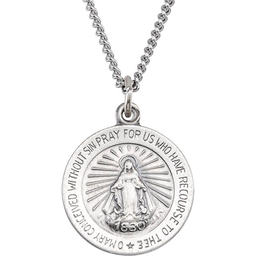 Sterling Silver Small Polished Round Miraculous Medal & 18in Chain
