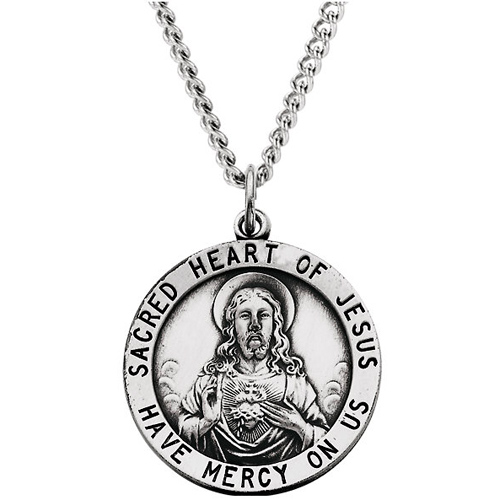 Sterling Silver 22mm Sacred Heart of Jesus Medal & 24in Chain