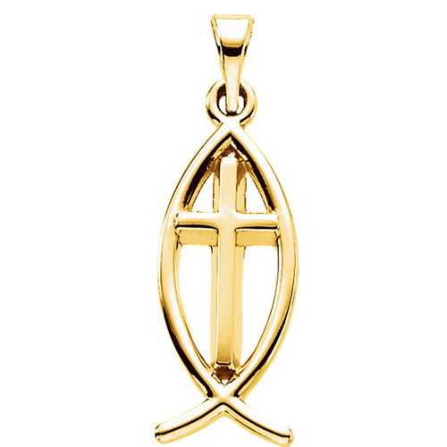 14kt Yellow Gold 14mm Fish Ichthys Pendant with Cross
