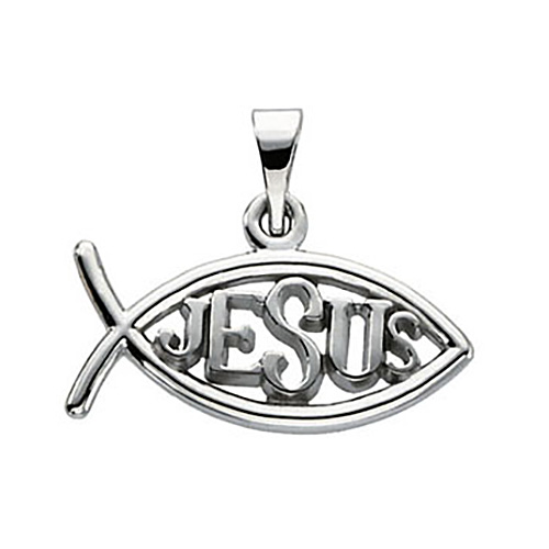 14kt White Gold 9x14mm Fish with Jesus Pendant
