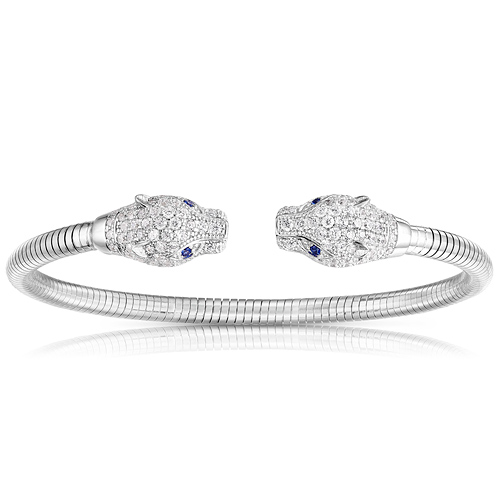 Sterling Silver Panther Cuff Bangle with White and Blue Cubic Zirconia