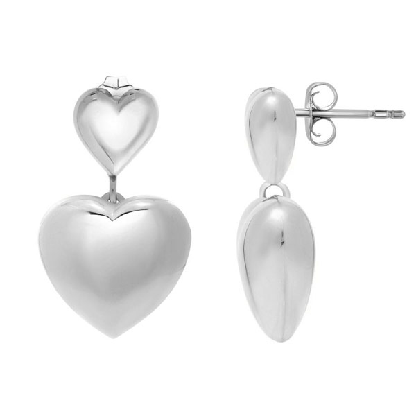 Sterling Silver Puffy Double Heart Dangle Earrings