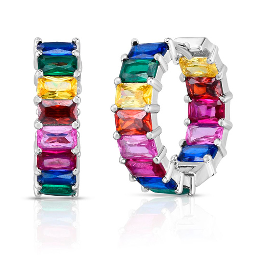 Silver Rainbow CZ Baguette Hoop Earrings 3/4in