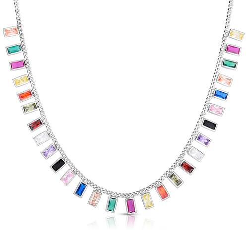 Silver Rainbow CZ Baguette Dangle Choker Necklace