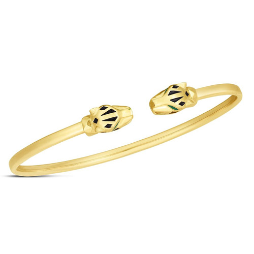 14k Yellow Gold Panther Bangle Bracelet With Green and Black Enamel