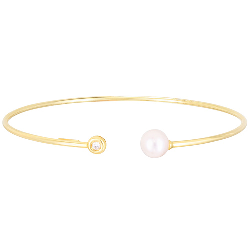 14k Yellow Gold 7mm Freshwater Pearl and .03 ct Diamond Cuff Bangle