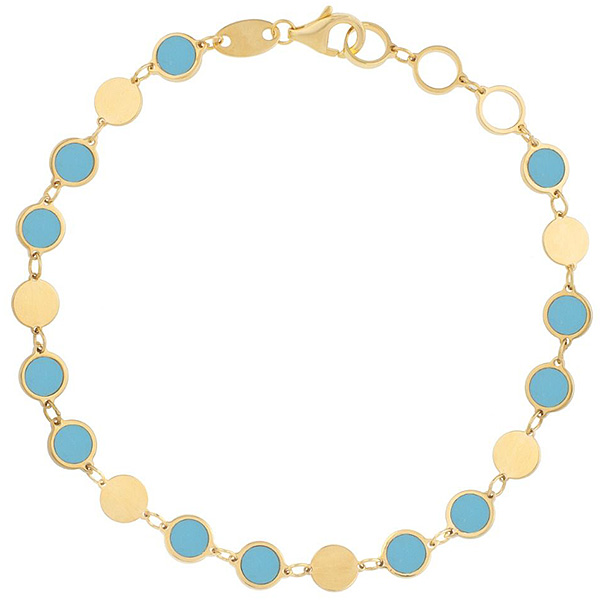 14k Yellow Gold Pasted Turquoise Disc Link Bracelet 7.25in