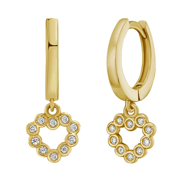 14k Yellow Gold .10ct Diamond Petite Dangle Heart Huggie Hoop Earrings