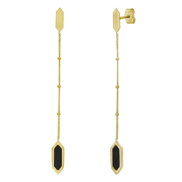 14k Yellow Gold Hexagon Onyx Drop Chain Link Earrings with Bead Accents