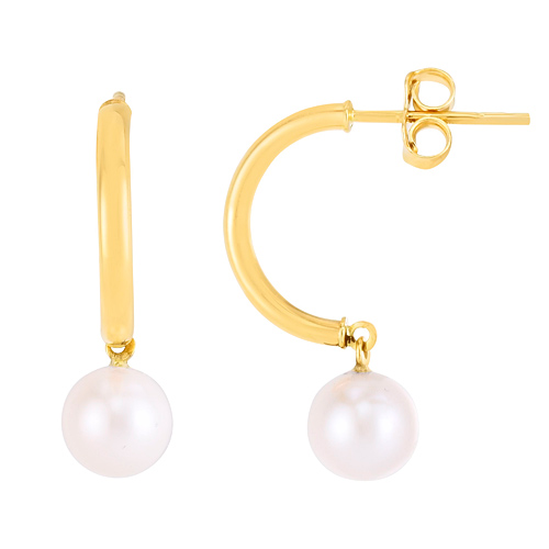14k Yellow Gold Freshwater Cultured Pearl C Hoop Earrings