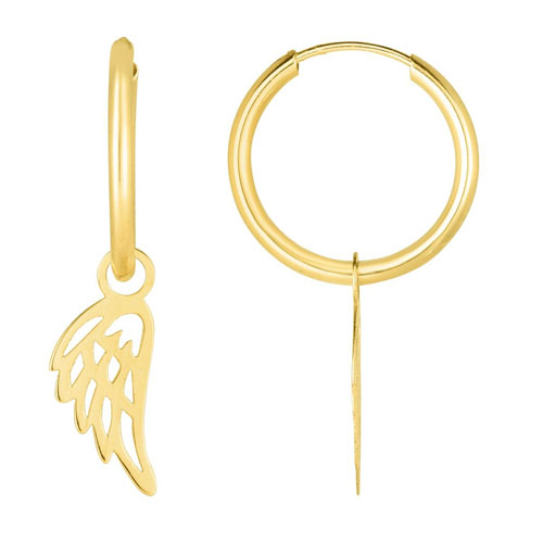 14k Yellow Gold Angel Wing Dangle Hoop Earrings