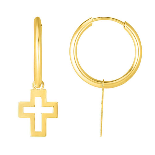 14k Yellow Gold Cut-out Cross Dangle Hoop Earrings