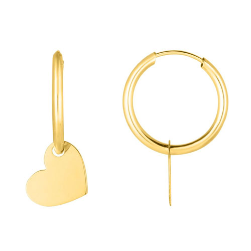 14k Yellow Gold Small Heart Dangle Hoop Earrings