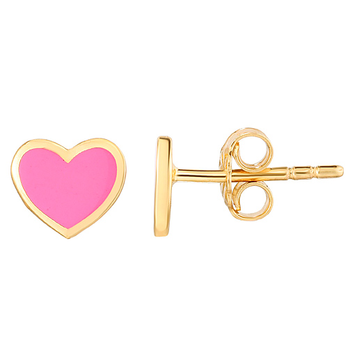 14k Yellow Gold Preppy Pink Heart Enamel Earrings 