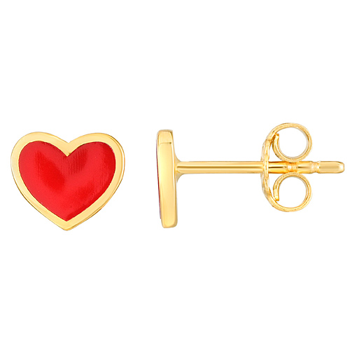 14k Yellow Gold Red Heart Enamel Earrings 