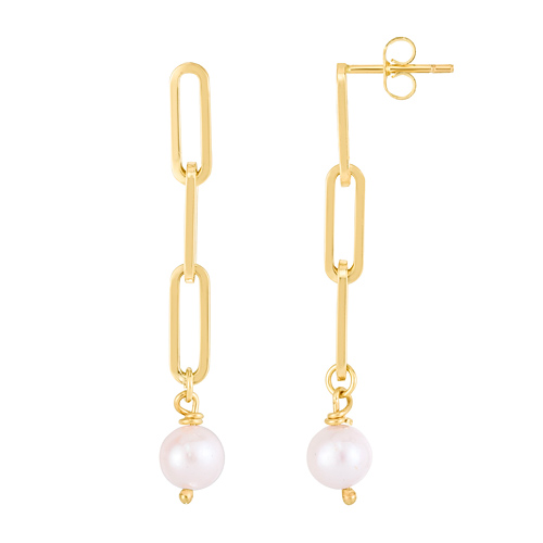 14k Yellow Gold Freshwater Pearl Paper Clip Dangle Earrings